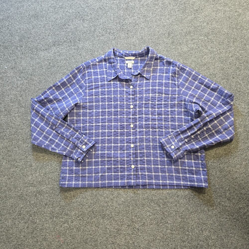 LL Bean Top Womens Size Large Blue Plaid Seacoast Seersucker Button Up Casual